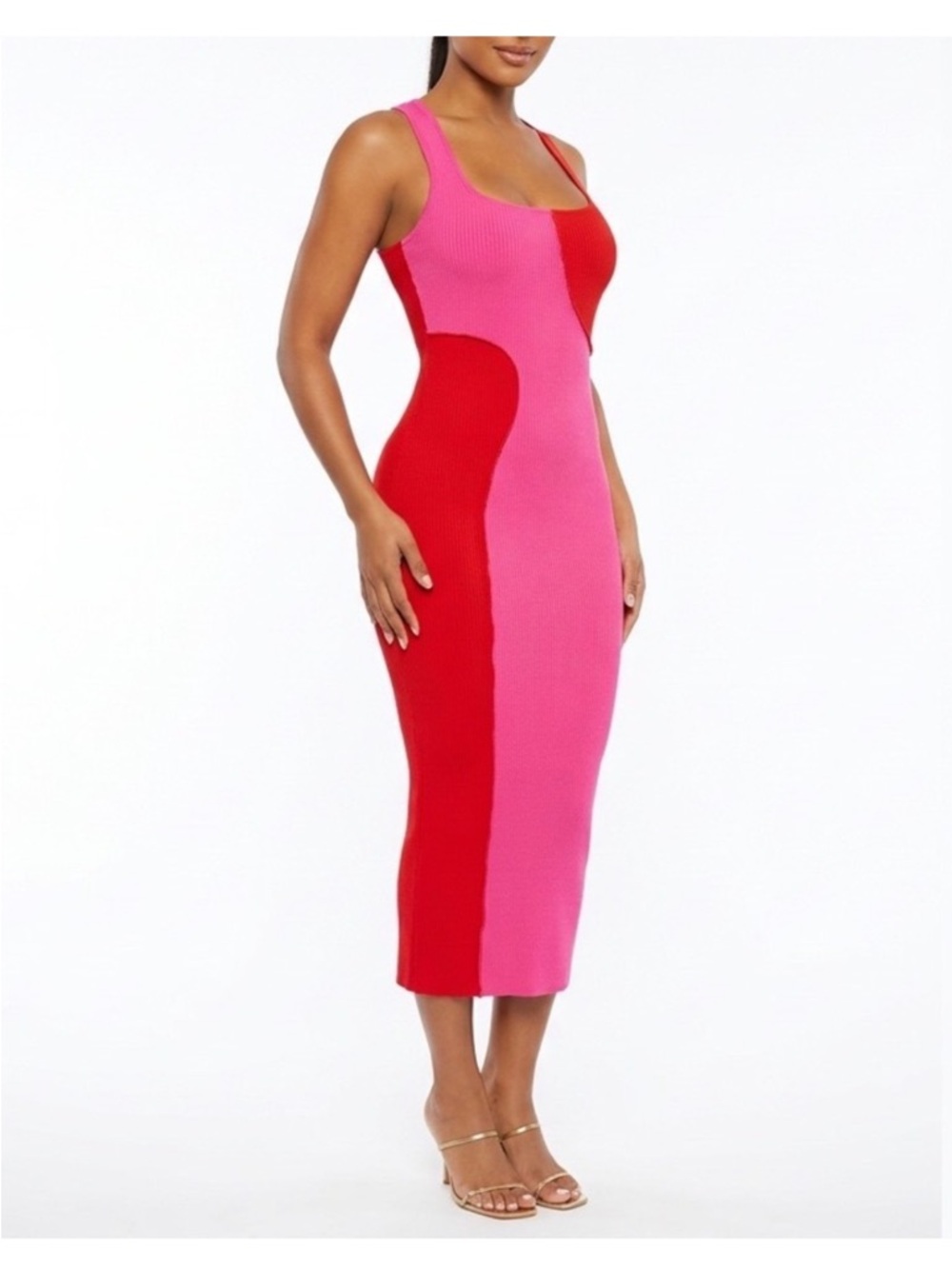 Naked Wardrobe Ribbed Colorblock Midi Dress Pink/Red Bodycon Barbiecore M NWOT